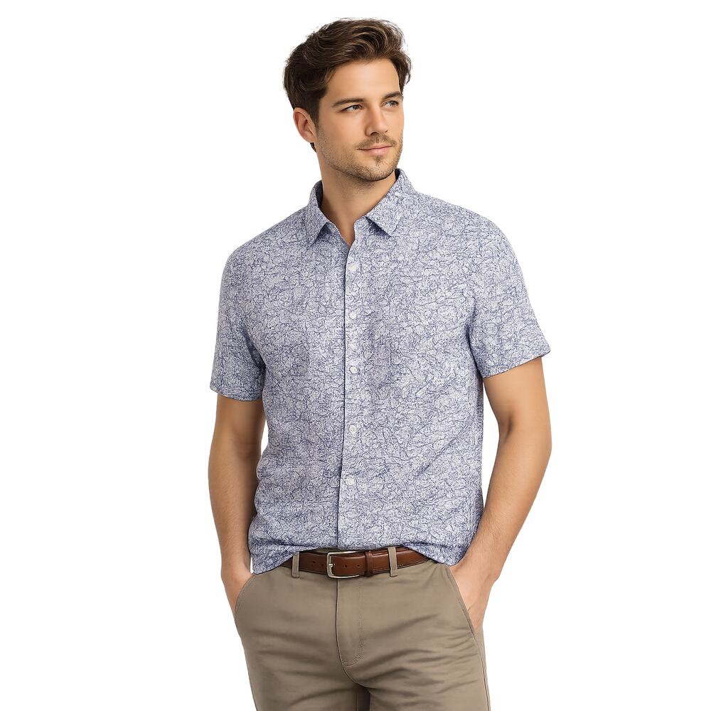M&S Slim Fit Blue Floral Short Sleeve Button Front Shirt Large